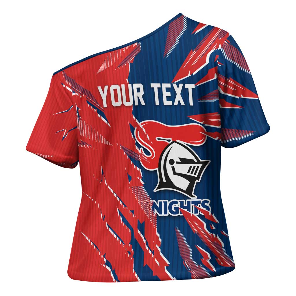 Personalized Newcastle Knights Cross Shoulder Shirt Dynamic Lightning Mascot Rugby Australia