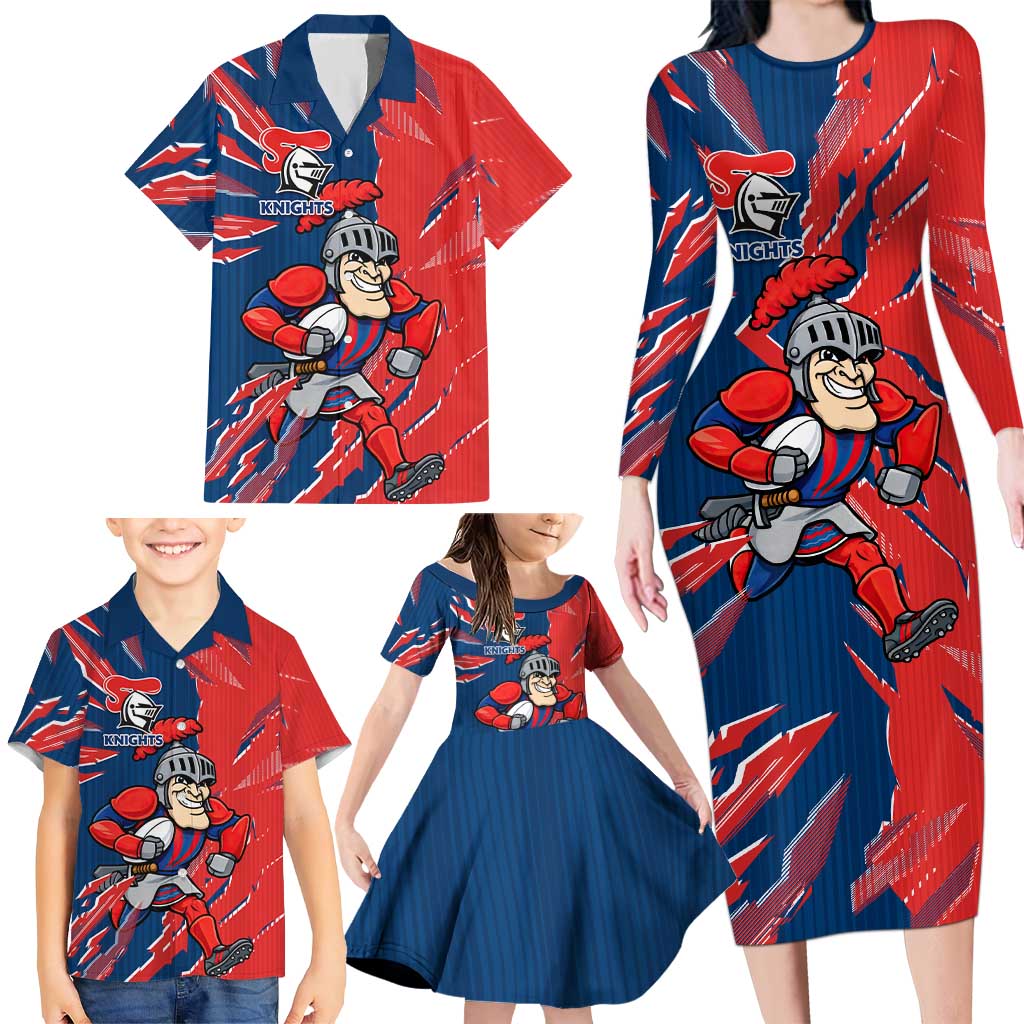 Personalized Newcastle Knights Family Matching Long Sleeve Bodycon Dress and Hawaiian Shirt Dynamic Lightning Mascot Rugby Australia