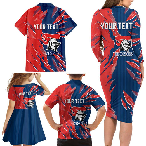 Personalized Newcastle Knights Family Matching Long Sleeve Bodycon Dress and Hawaiian Shirt Dynamic Lightning Mascot Rugby Australia
