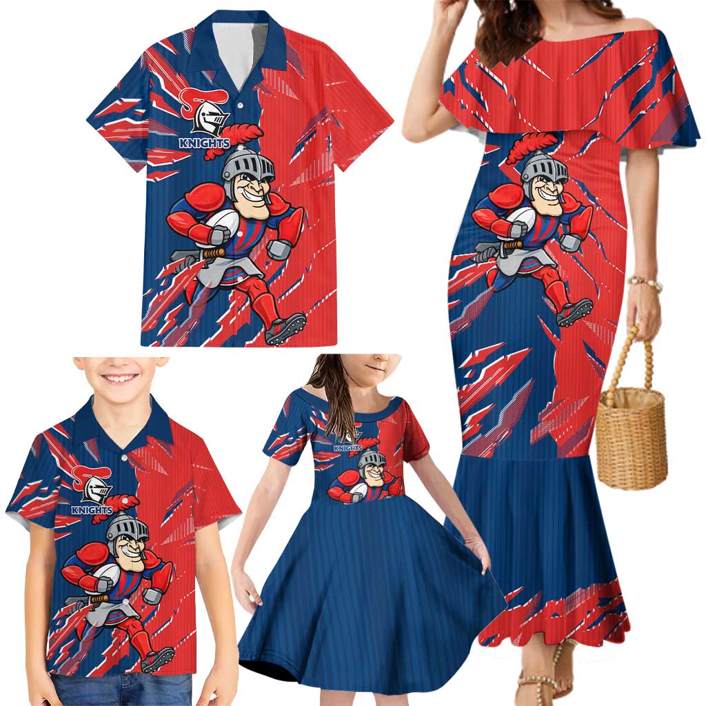 Personalized Newcastle Knights Family Matching Mermaid Dress and Hawaiian Shirt Dynamic Lightning Mascot Rugby Australia