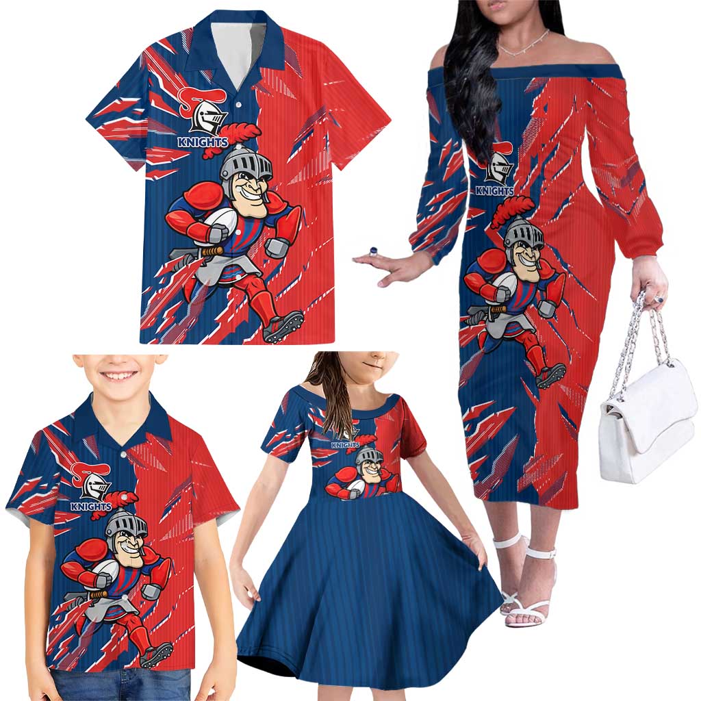 Personalized Newcastle Knights Family Matching Off The Shoulder Long Sleeve Dress and Hawaiian Shirt Dynamic Lightning Mascot Rugby Australia