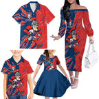 Personalized Newcastle Knights Family Matching Off The Shoulder Long Sleeve Dress and Hawaiian Shirt Dynamic Lightning Mascot Rugby Australia