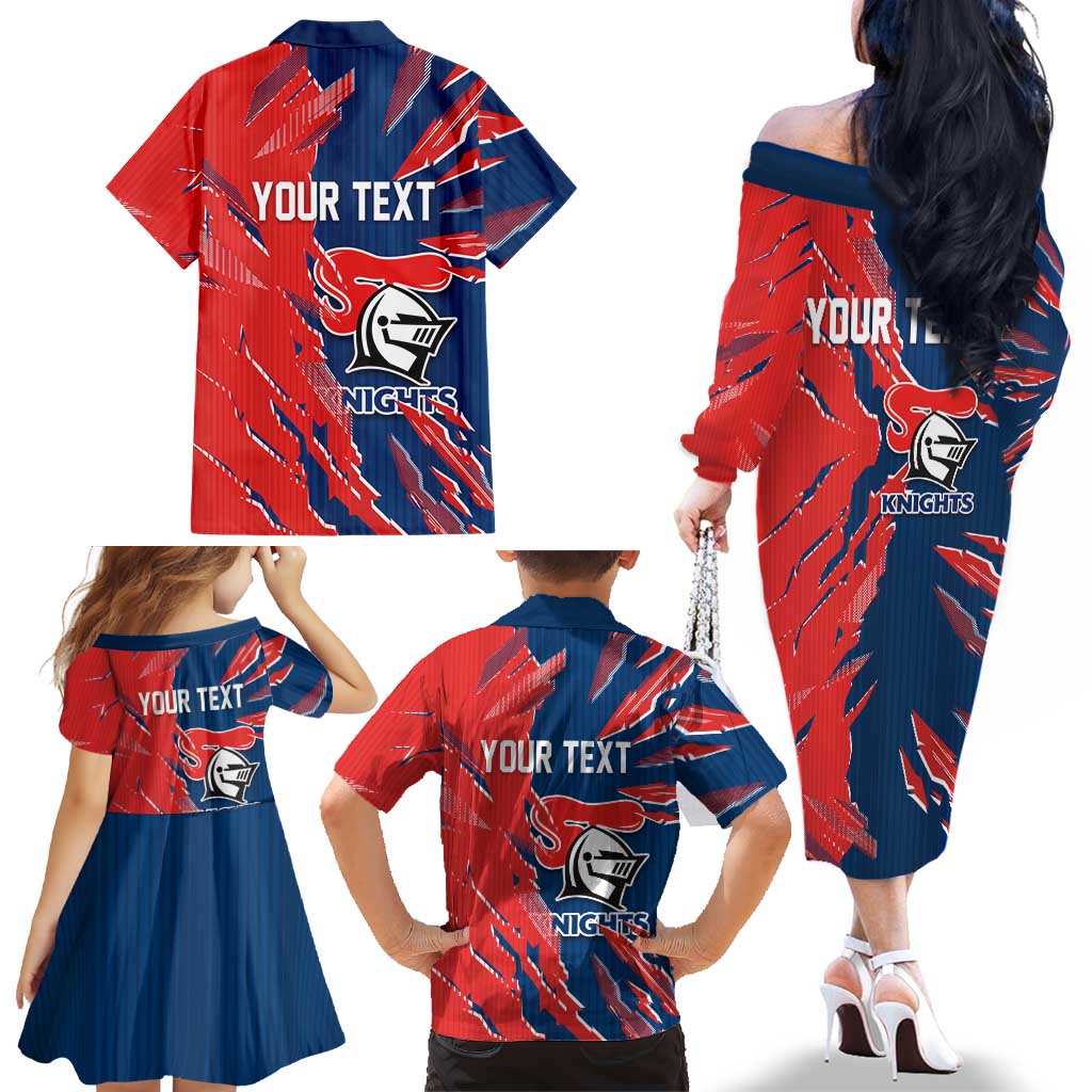 Personalized Newcastle Knights Family Matching Off The Shoulder Long Sleeve Dress and Hawaiian Shirt Dynamic Lightning Mascot Rugby Australia