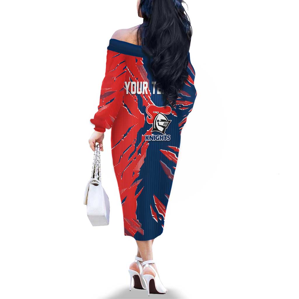 Personalized Newcastle Knights Family Matching Off The Shoulder Long Sleeve Dress and Hawaiian Shirt Dynamic Lightning Mascot Rugby Australia
