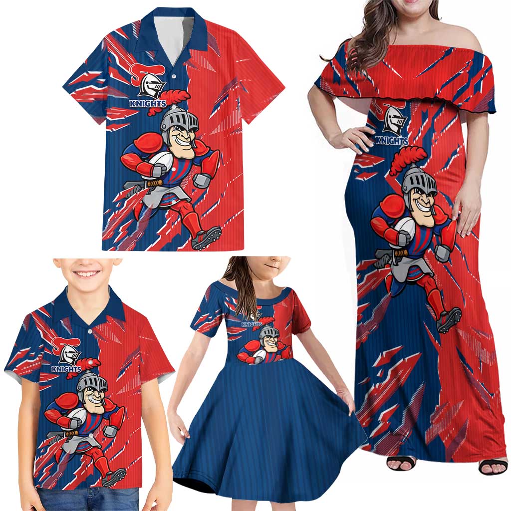 Personalized Newcastle Knights Family Matching Off Shoulder Maxi Dress and Hawaiian Shirt Dynamic Lightning Mascot Rugby Australia