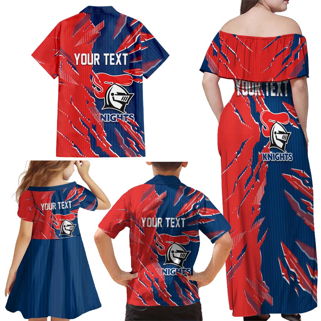 Personalized Newcastle Knights Family Matching Off Shoulder Maxi Dress and Hawaiian Shirt Dynamic Lightning Mascot Rugby Australia
