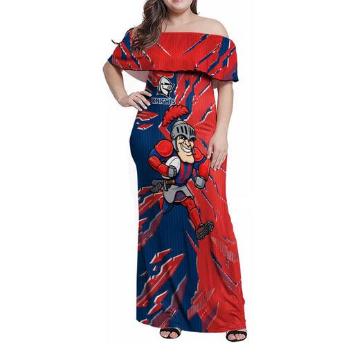 Personalized Newcastle Knights Family Matching Off Shoulder Maxi Dress and Hawaiian Shirt Dynamic Lightning Mascot Rugby Australia