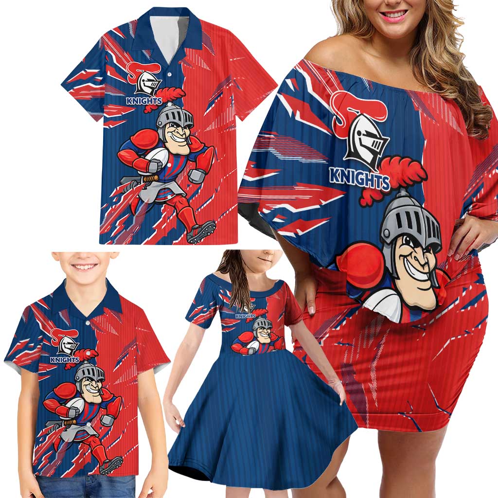 Personalized Newcastle Knights Family Matching Off Shoulder Short Dress and Hawaiian Shirt Dynamic Lightning Mascot Rugby Australia