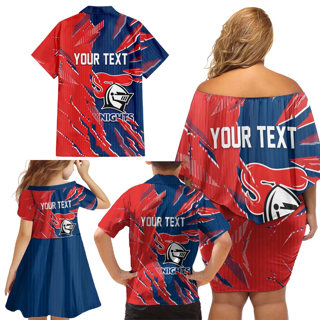 Personalized Newcastle Knights Family Matching Off Shoulder Short Dress and Hawaiian Shirt Dynamic Lightning Mascot Rugby Australia
