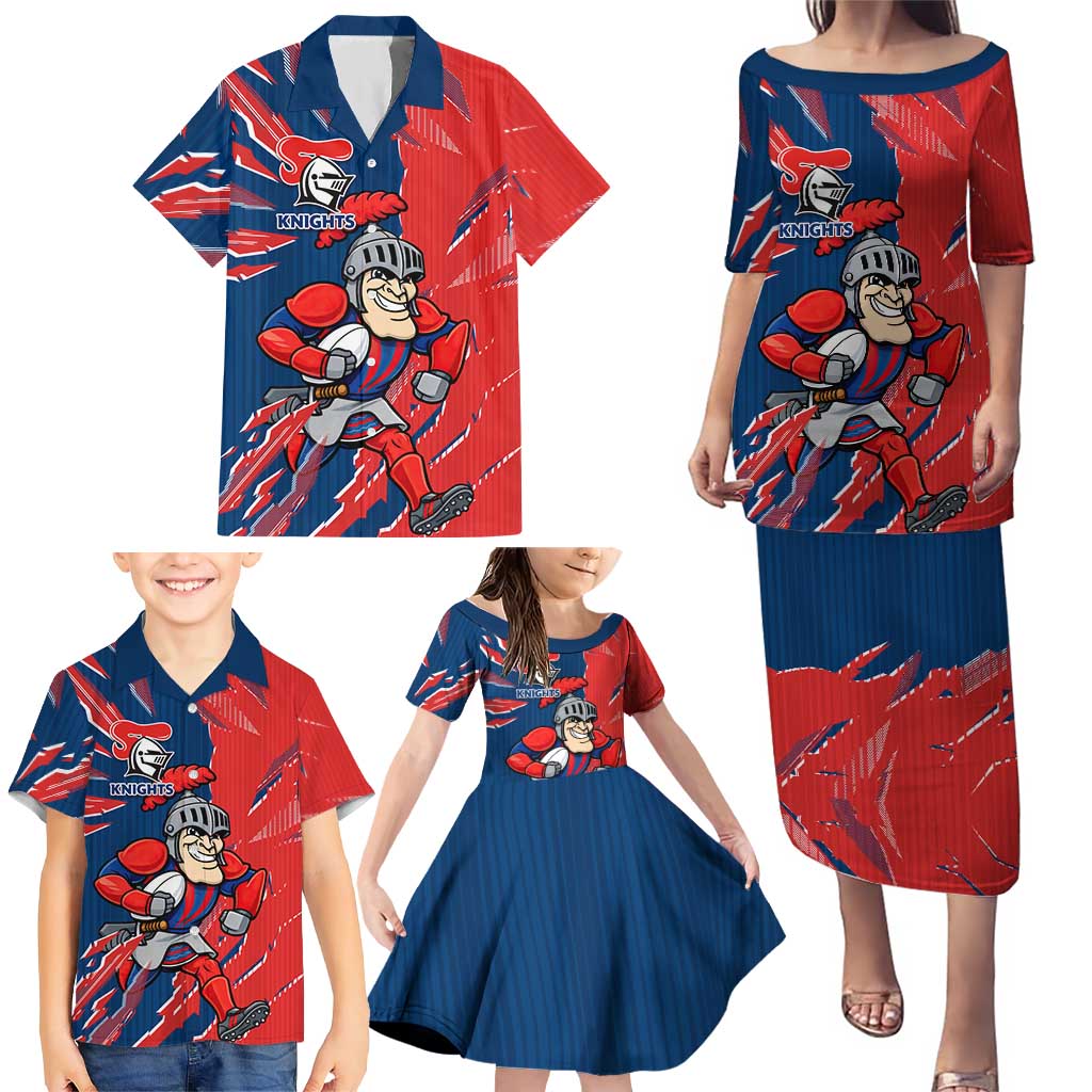 Personalized Newcastle Knights Family Matching Puletasi and Hawaiian Shirt Dynamic Lightning Mascot Rugby Australia