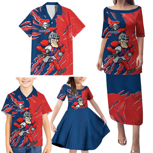 Personalized Newcastle Knights Family Matching Puletasi and Hawaiian Shirt Dynamic Lightning Mascot Rugby Australia