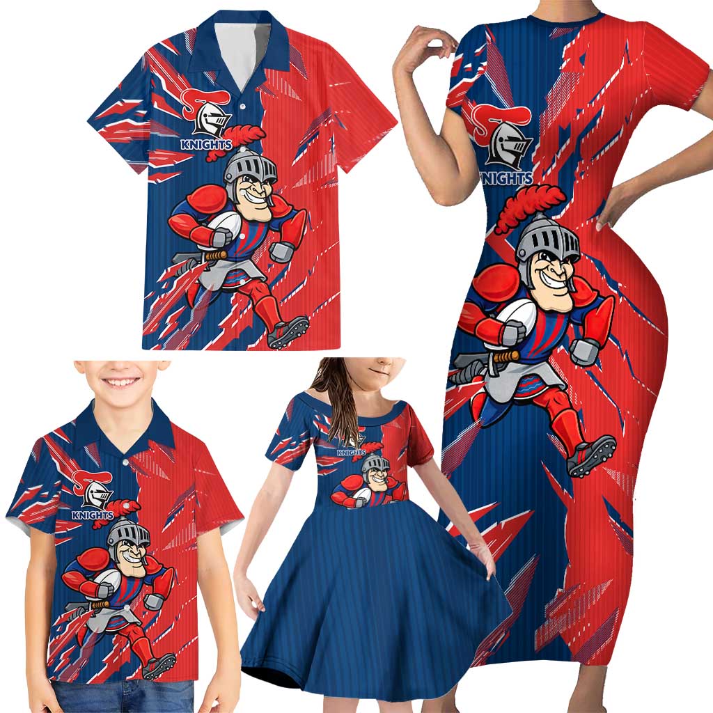 Personalized Newcastle Knights Family Matching Short Sleeve Bodycon Dress and Hawaiian Shirt Dynamic Lightning Mascot Rugby Australia