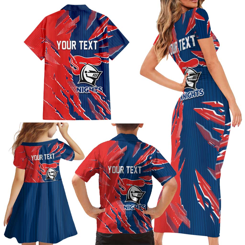 Personalized Newcastle Knights Family Matching Short Sleeve Bodycon Dress and Hawaiian Shirt Dynamic Lightning Mascot Rugby Australia