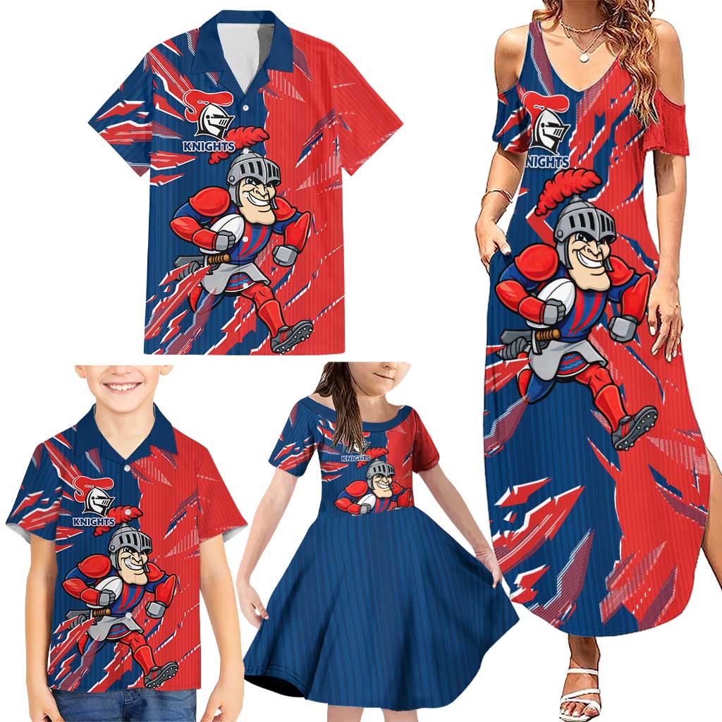 Personalized Newcastle Knights Family Matching Summer Maxi Dress and Hawaiian Shirt Dynamic Lightning Mascot Rugby Australia