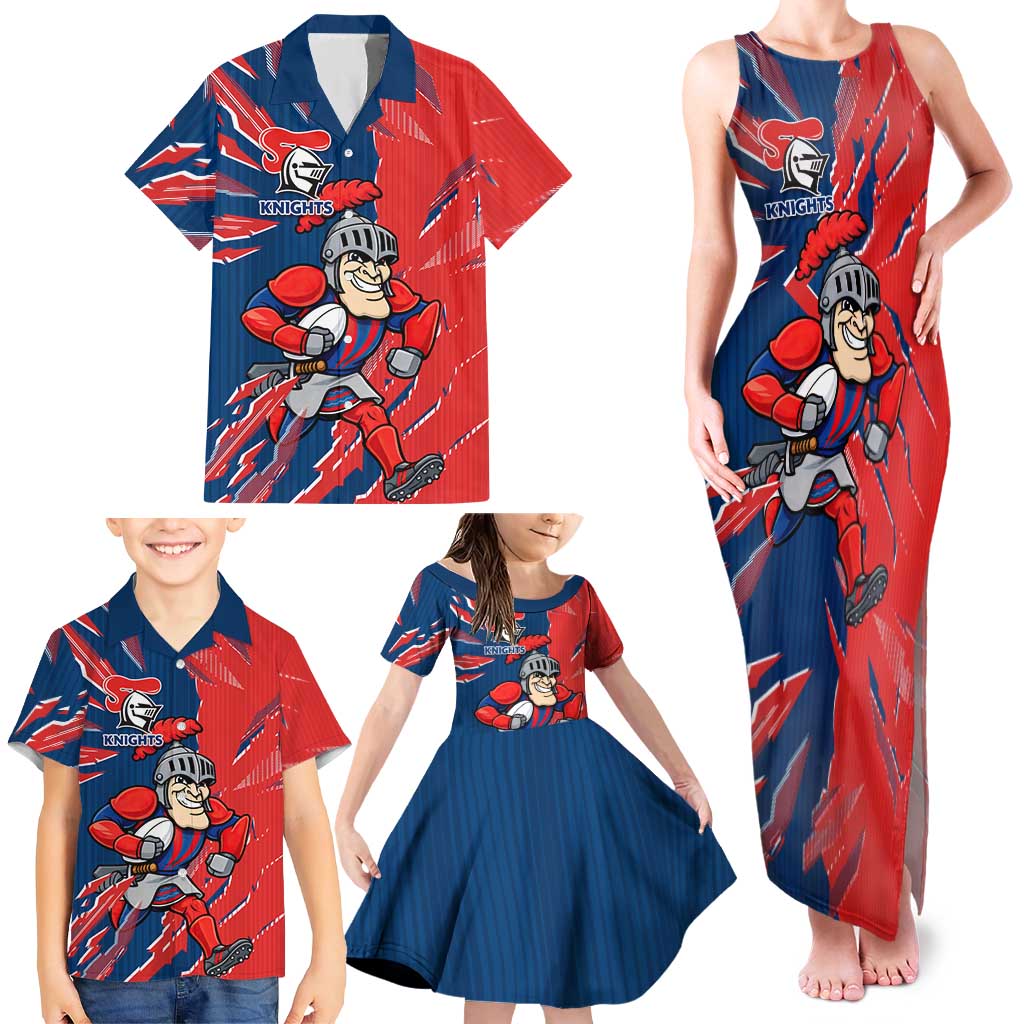 Personalized Newcastle Knights Family Matching Tank Maxi Dress and Hawaiian Shirt Dynamic Lightning Mascot Rugby Australia