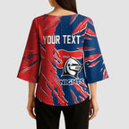 Personalized Newcastle Knights Kimono Sleeve Blouse Dynamic Lightning Mascot Rugby Australia