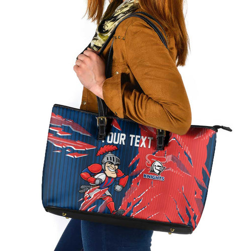 Personalized Newcastle Knights Leather Tote Bag Dynamic Lightning Mascot Rugby Australia