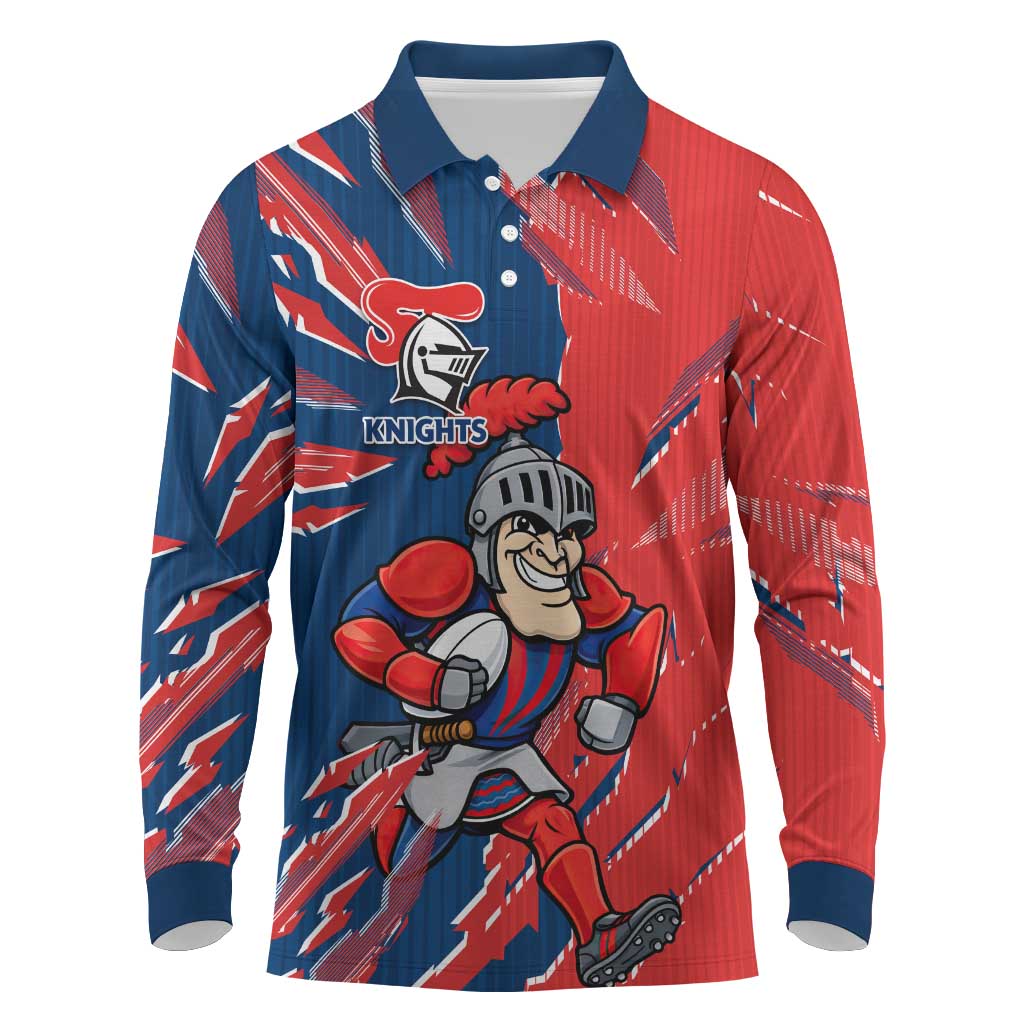 Personalized Newcastle Knights Long Sleeve Polo Shirt Dynamic Lightning Mascot Rugby Australia