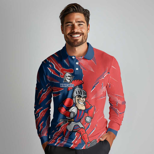 Personalized Newcastle Knights Long Sleeve Polo Shirt Dynamic Lightning Mascot Rugby Australia