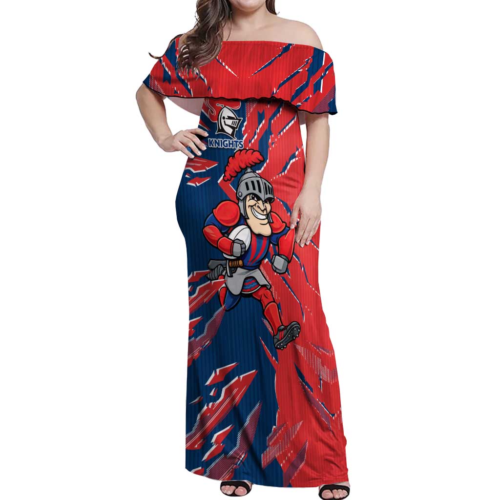 Personalized Newcastle Knights Off Shoulder Maxi Dress Dynamic Lightning Mascot Rugby Australia
