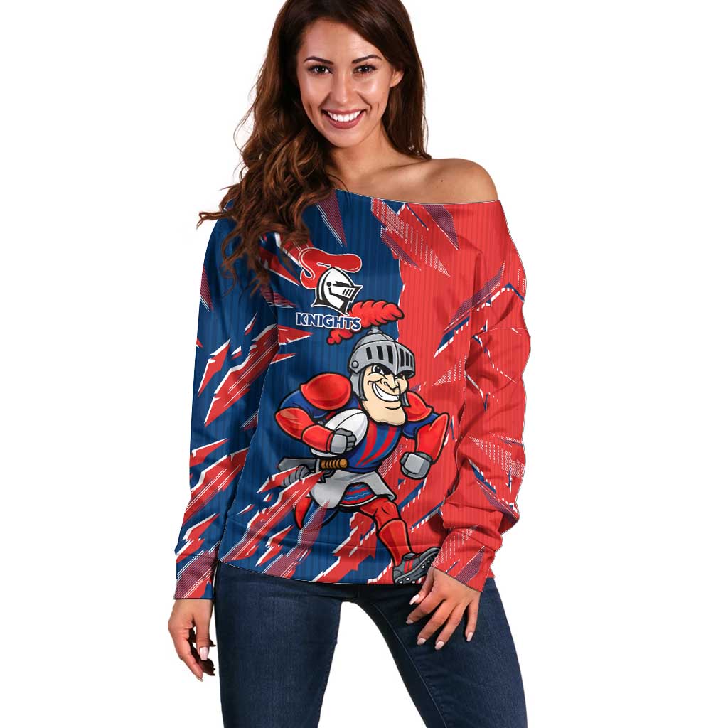 Personalized Newcastle Knights Off Shoulder Sweater Dynamic Lightning Mascot Rugby Australia