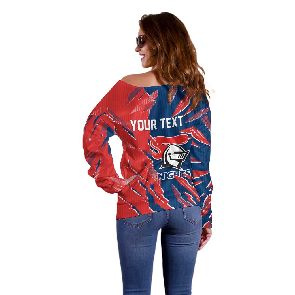 Personalized Newcastle Knights Off Shoulder Sweater Dynamic Lightning Mascot Rugby Australia