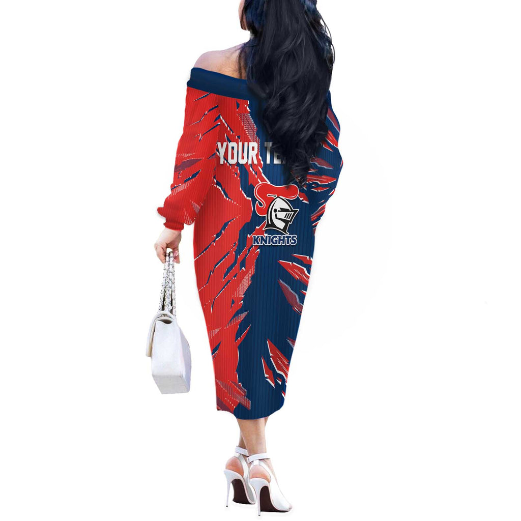 Personalized Newcastle Knights Off The Shoulder Long Sleeve Dress Dynamic Lightning Mascot Rugby Australia