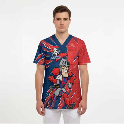Personalized Newcastle Knights Scrub Top Dynamic Lightning Mascot Rugby Australia
