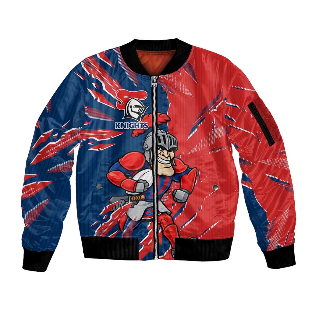 Personalized Newcastle Knights Sleeve Zip Bomber Jacket Dynamic Lightning Mascot Rugby Australia