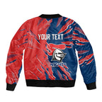 Personalized Newcastle Knights Sleeve Zip Bomber Jacket Dynamic Lightning Mascot Rugby Australia