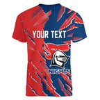 Personalized Newcastle Knights Women V-Neck T-Shirt Dynamic Lightning Mascot Rugby Australia