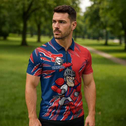 Personalized Newcastle Knights Zipper Polo Shirt Dynamic Lightning Mascot Rugby Australia