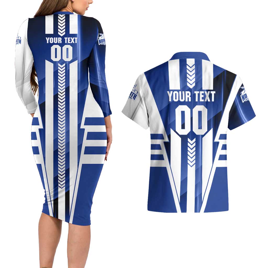 Personalized North Melbourne Kangaroos Couples Matching Long Sleeve Bodycon Dress and Hawaiian Shirt Modern Geometric Sports Graphic Style