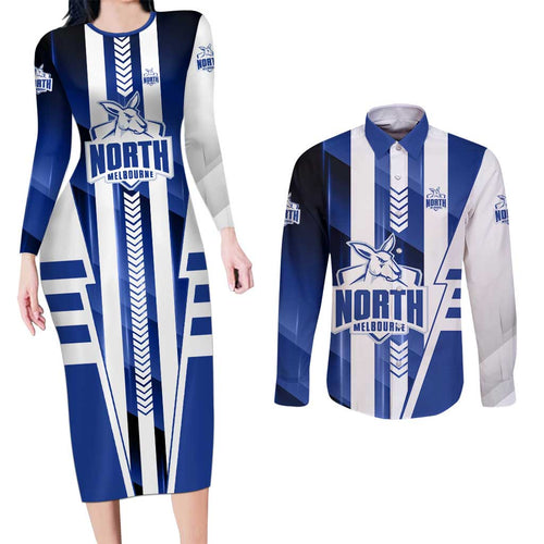 Personalized North Melbourne Kangaroos Couples Matching Long Sleeve Bodycon Dress and Long Sleeve Button Shirt Modern Geometric Sports Graphic Style
