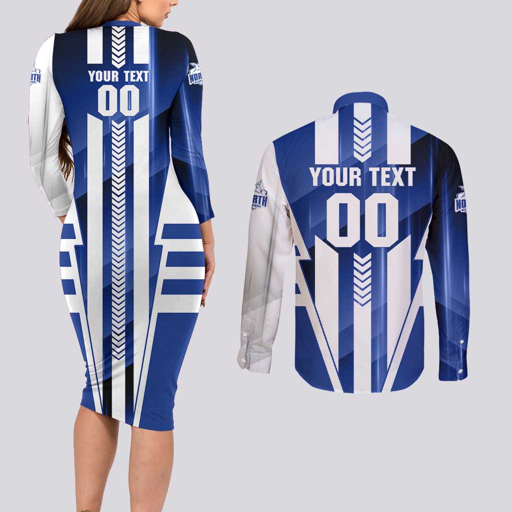 Personalized North Melbourne Kangaroos Couples Matching Long Sleeve Bodycon Dress and Long Sleeve Button Shirt Modern Geometric Sports Graphic Style