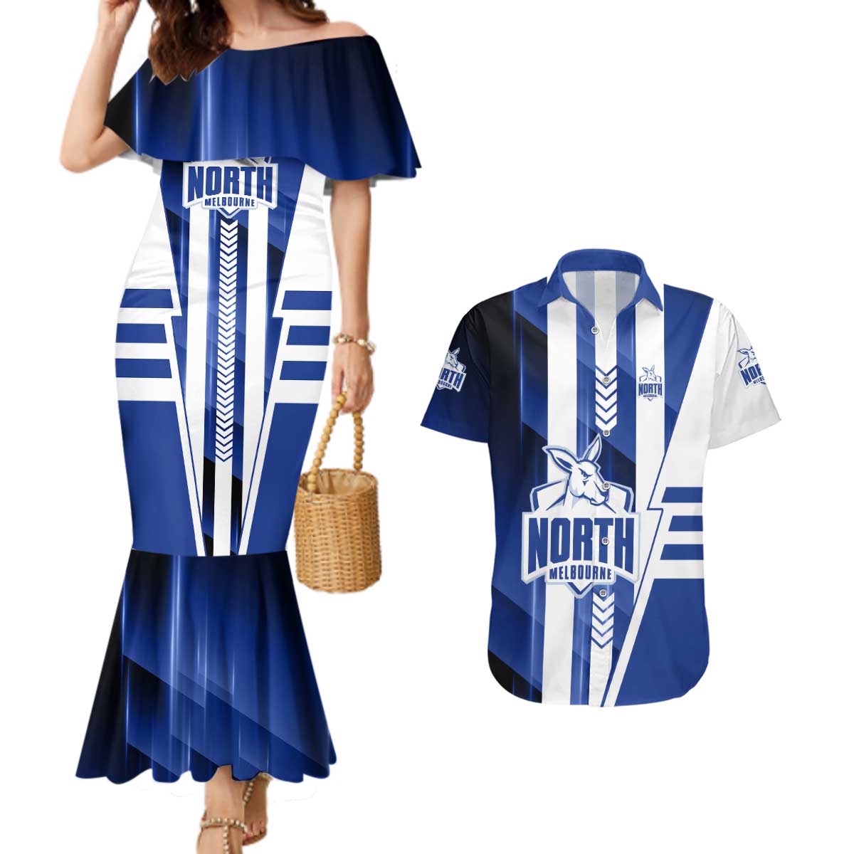 Personalized North Melbourne Kangaroos Couples Matching Mermaid Dress and Hawaiian Shirt Modern Geometric Sports Graphic Style