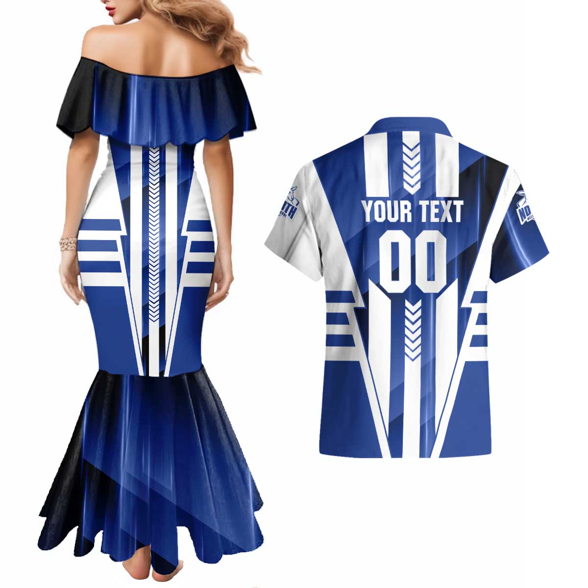 Personalized North Melbourne Kangaroos Couples Matching Mermaid Dress and Hawaiian Shirt Modern Geometric Sports Graphic Style