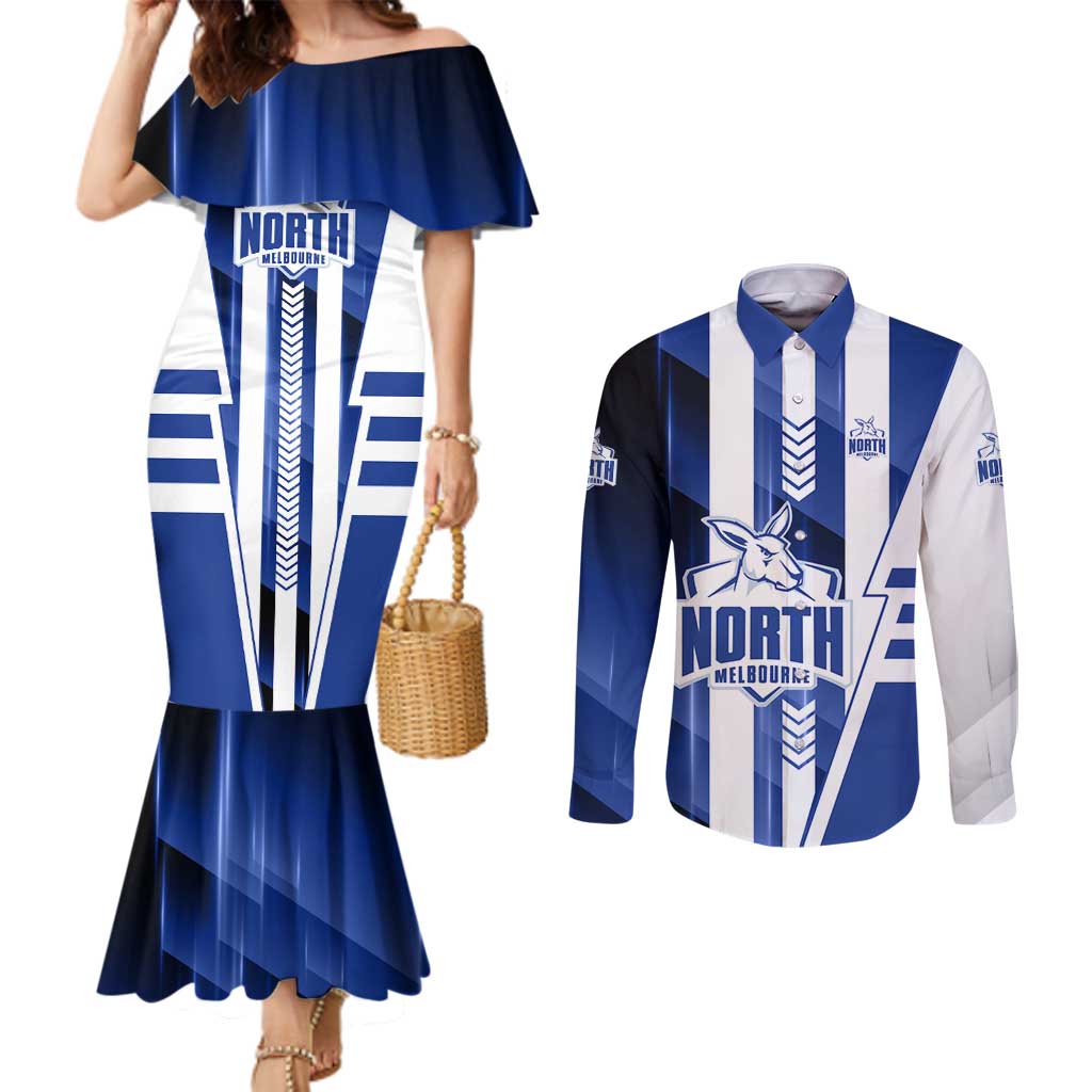 Personalized North Melbourne Kangaroos Couples Matching Mermaid Dress and Long Sleeve Button Shirt Modern Geometric Sports Graphic Style