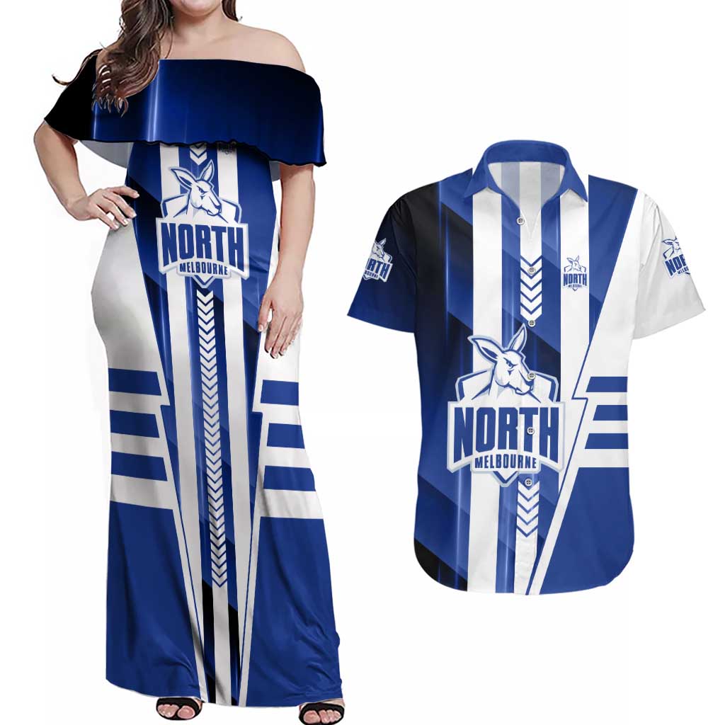 Personalized North Melbourne Kangaroos Couples Matching Off Shoulder Maxi Dress and Hawaiian Shirt Modern Geometric Sports Graphic Style