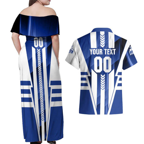 Personalized North Melbourne Kangaroos Couples Matching Off Shoulder Maxi Dress and Hawaiian Shirt Modern Geometric Sports Graphic Style