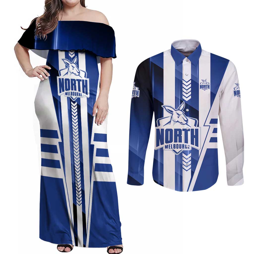 Personalized North Melbourne Kangaroos Couples Matching Off Shoulder Maxi Dress and Long Sleeve Button Shirt Modern Geometric Sports Graphic Style