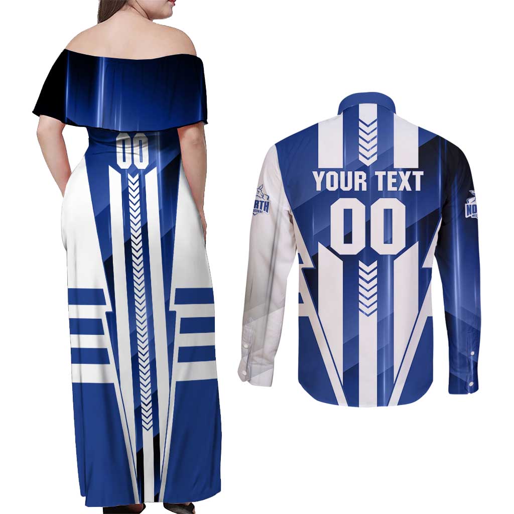 Personalized North Melbourne Kangaroos Couples Matching Off Shoulder Maxi Dress and Long Sleeve Button Shirt Modern Geometric Sports Graphic Style