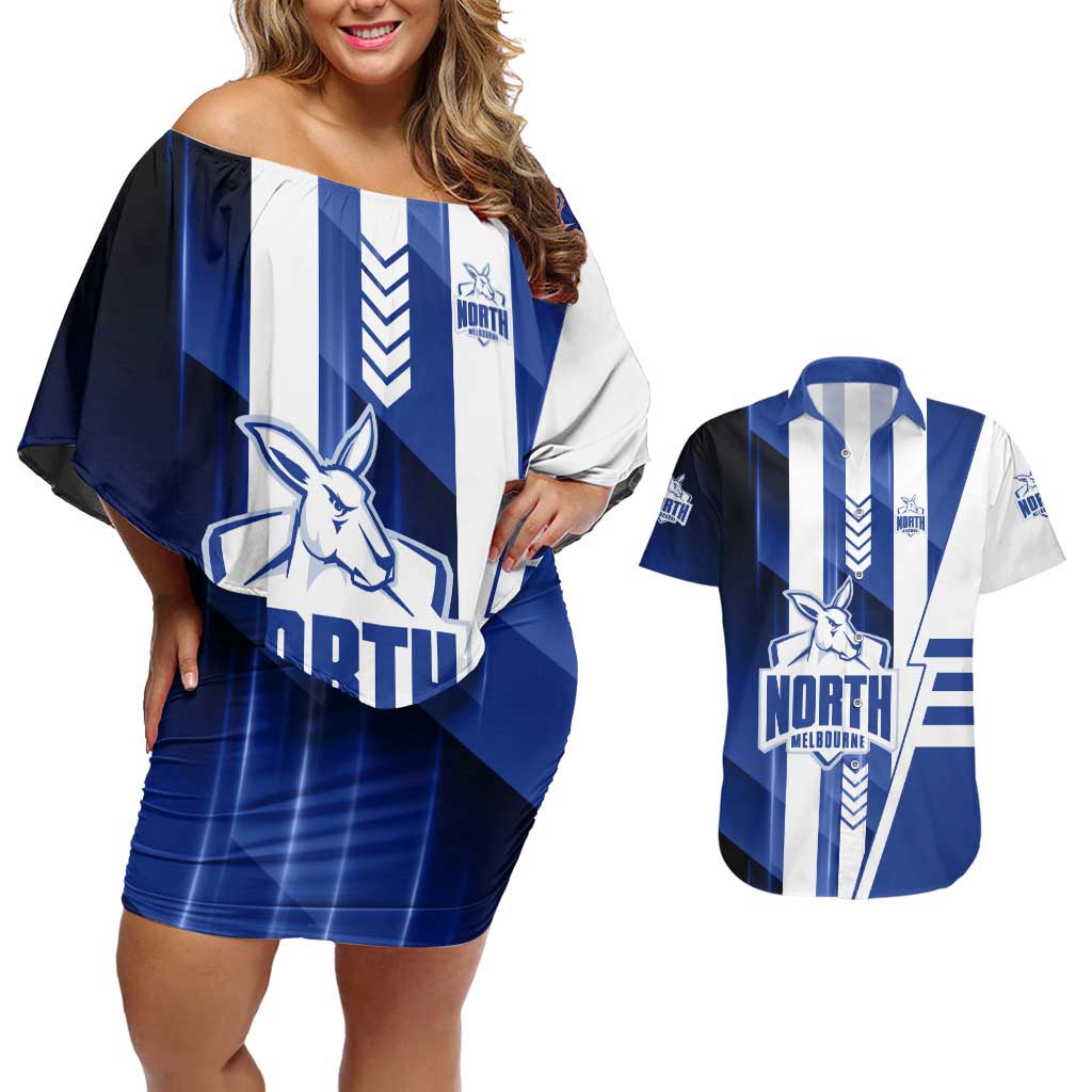 Personalized North Melbourne Kangaroos Couples Matching Off Shoulder Short Dress and Hawaiian Shirt Modern Geometric Sports Graphic Style