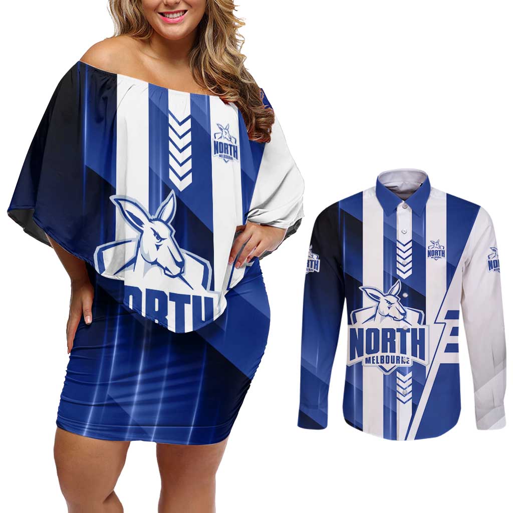 Personalized North Melbourne Kangaroos Couples Matching Off Shoulder Short Dress and Long Sleeve Button Shirt Modern Geometric Sports Graphic Style