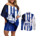 Personalized North Melbourne Kangaroos Couples Matching Off Shoulder Short Dress and Long Sleeve Button Shirt Modern Geometric Sports Graphic Style