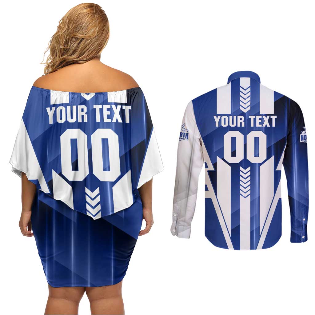 Personalized North Melbourne Kangaroos Couples Matching Off Shoulder Short Dress and Long Sleeve Button Shirt Modern Geometric Sports Graphic Style