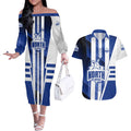 Personalized North Melbourne Kangaroos Couples Matching Off The Shoulder Long Sleeve Dress and Hawaiian Shirt Modern Geometric Sports Graphic Style
