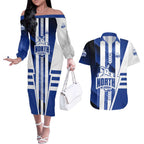 Personalized North Melbourne Kangaroos Couples Matching Off The Shoulder Long Sleeve Dress and Hawaiian Shirt Modern Geometric Sports Graphic Style