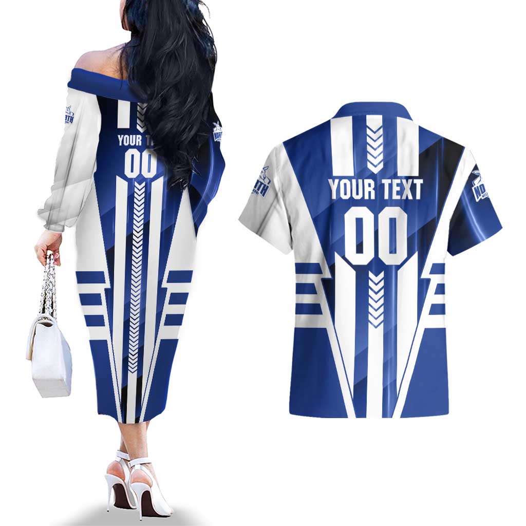 Personalized North Melbourne Kangaroos Couples Matching Off The Shoulder Long Sleeve Dress and Hawaiian Shirt Modern Geometric Sports Graphic Style