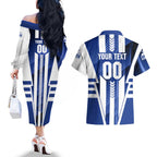 Personalized North Melbourne Kangaroos Couples Matching Off The Shoulder Long Sleeve Dress and Hawaiian Shirt Modern Geometric Sports Graphic Style